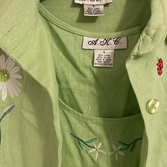 VINTAGE  LINEN A.K.C. Pistachio Green Ladybug Embroidered tank & jacket size S - Picture 4 of 16